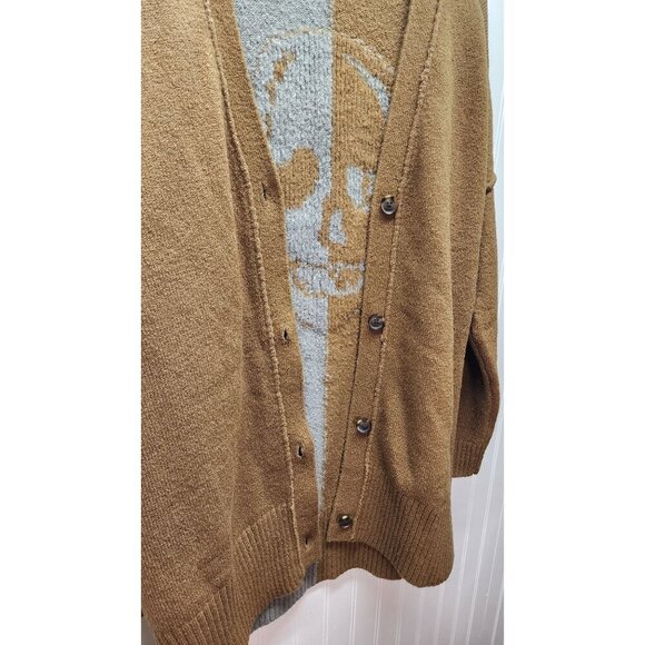 Two-Tone Brown & Gray Skull Graphic Cardigan Sweater Button Front Long Sleeve Ov - Picture 6 of 14